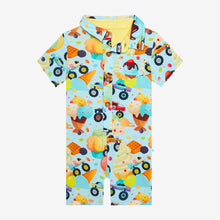 Load image into Gallery viewer, (SALE) Posh Peanut Monster Trucks - Short Sleeve Collared Henley Romper