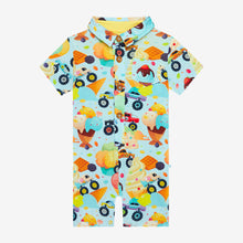 Load image into Gallery viewer, (SALE) Posh Peanut Monster Trucks - Short Sleeve Collared Henley Romper
